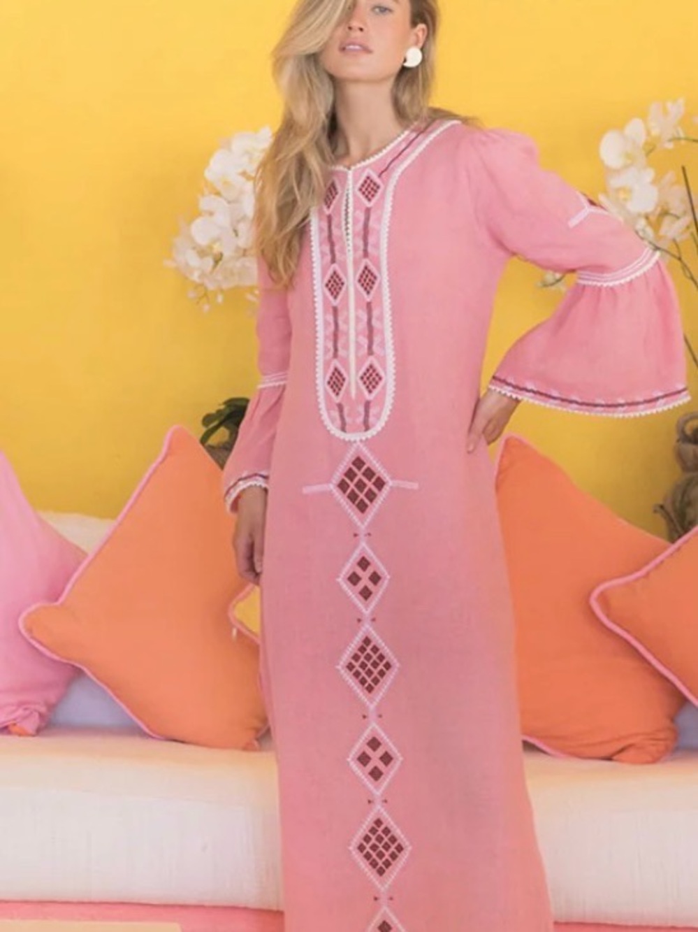 Asha Linen Pink Embroidered Maxi Dress with Bell Sleeves